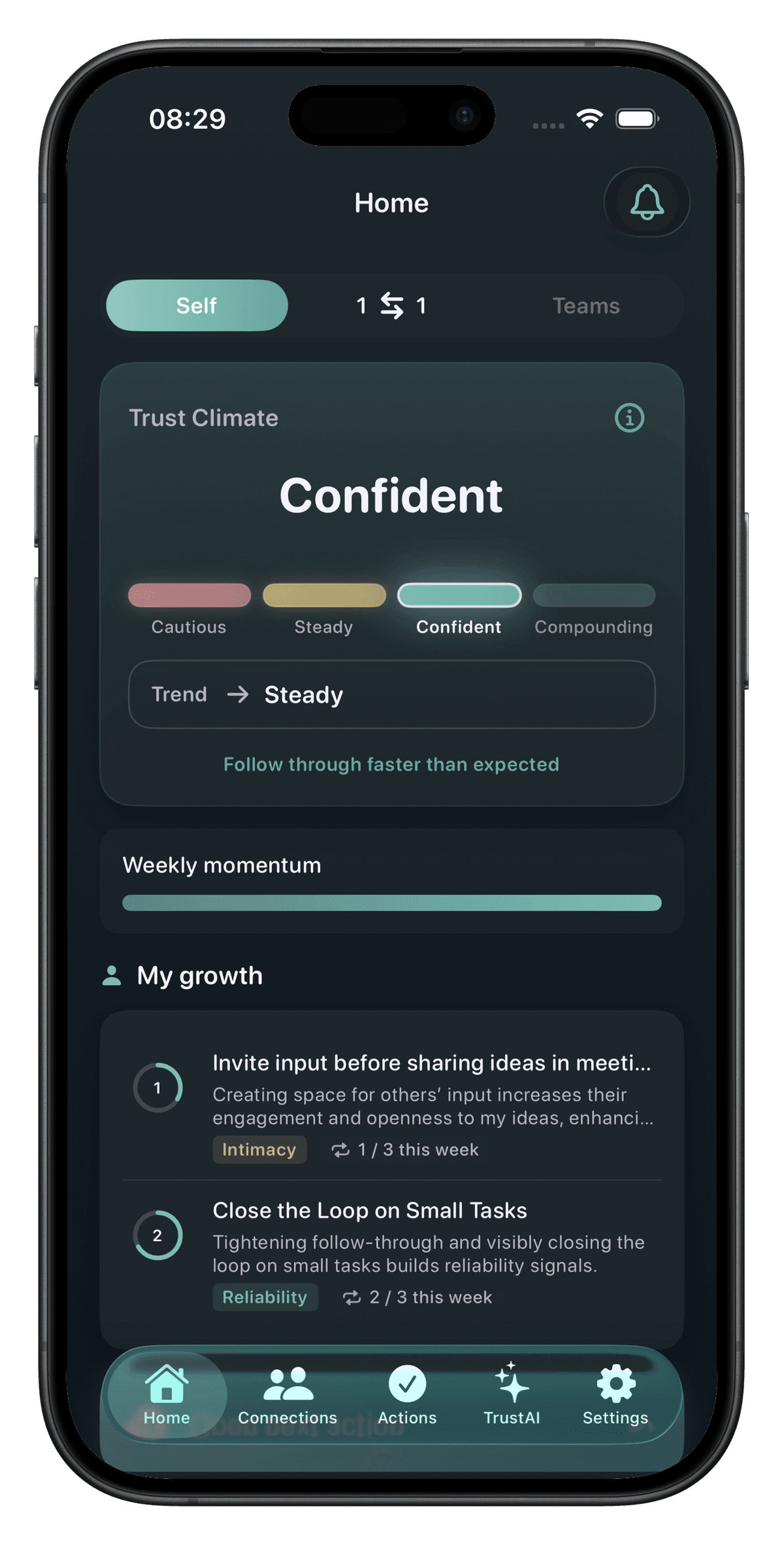 TrustLoop iOS Home screen with Trust Climate and actions